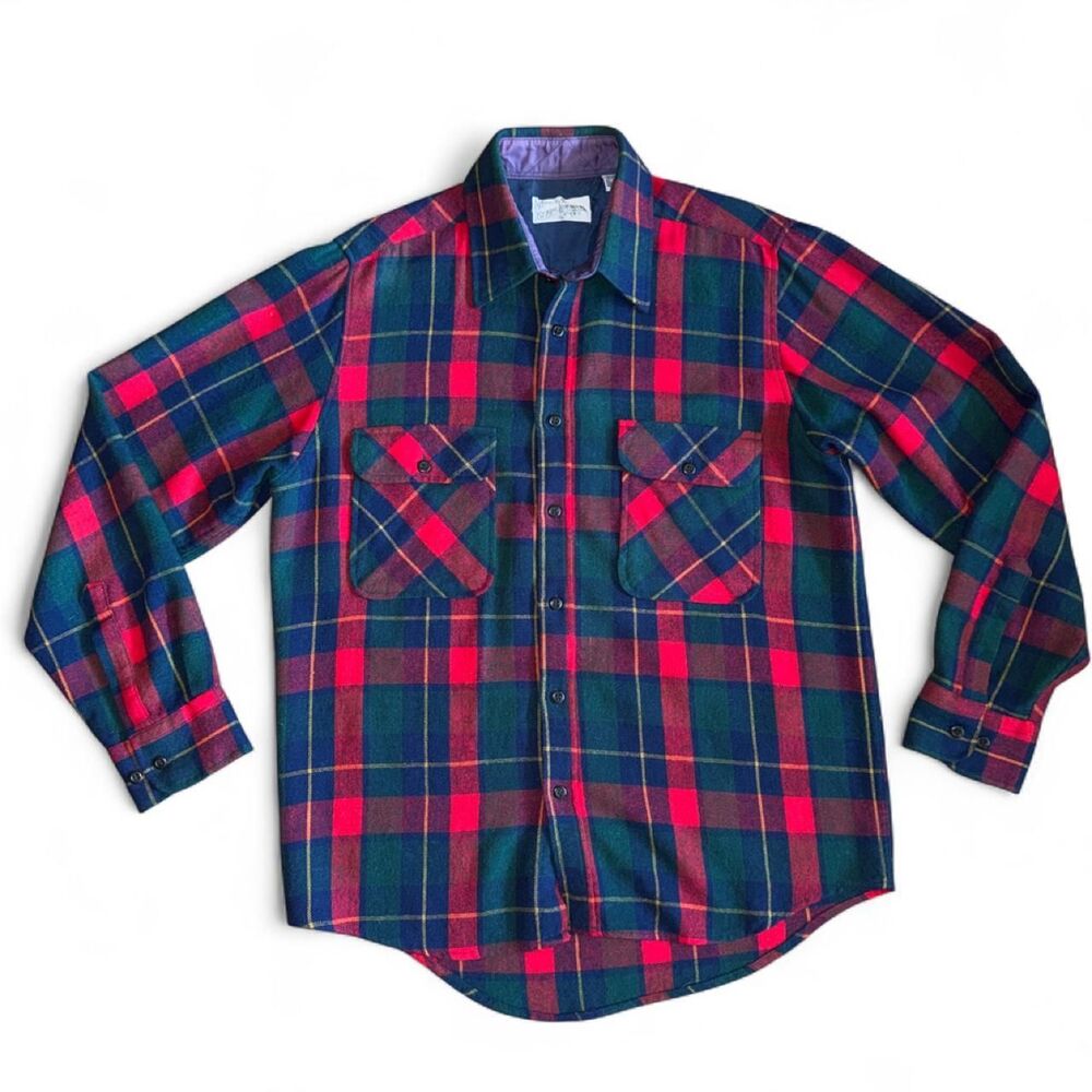Sears Roebuck & Co Vintage Plaid Flannel Wool Blend Button Up Men's M Red Green